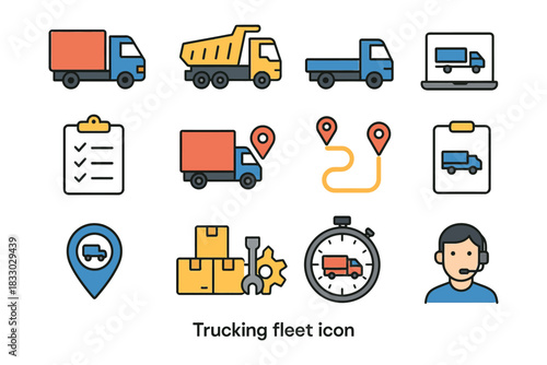Colorful trucking fleet icons with map route and logistics elements.