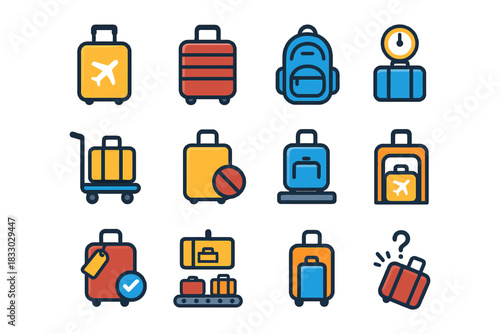Colorful luggage icons with travel symbols and suitcase designs.