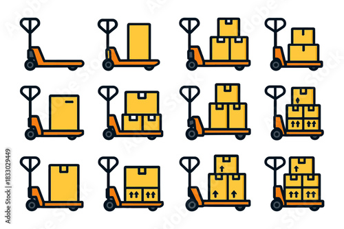 Various hand truck positions with boxes on pallets.