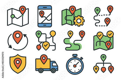 Colorful map and location icons featuring gps, routes, and navigation elements.