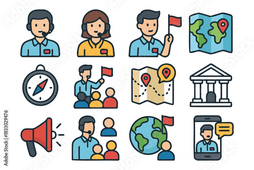 Travel and customer support icons with diverse elements for navigation and communication.