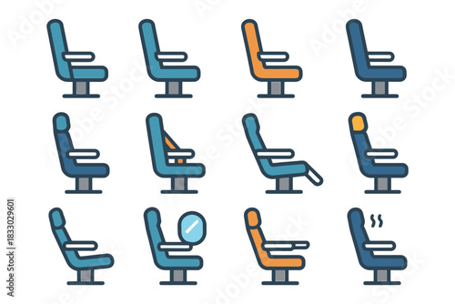 Airplane seat icon set featuring various features and styles.