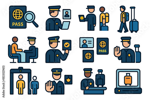Airport security icons including passport control, screening, and baggage check.