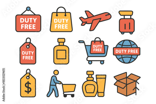 Duty-free shopping icons featuring bags, airplane, cart, and travel items.