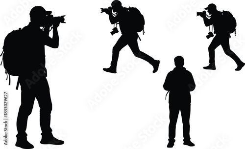 Photographer silhouette vector collection, man with camera and backpack taking pictures, isolated traveler figures, photojournalist reporter icons, black and white design.