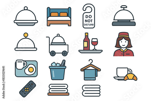 Hotel icons: room service, amenities, reception, hospitality, travel concepts.