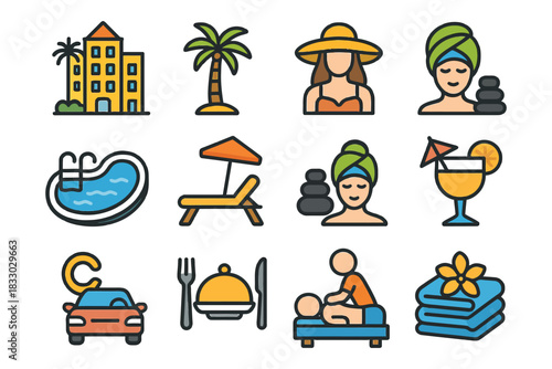 Colorful vacation icons: beach relaxation, spa, poolside, dining, massage, hotel.