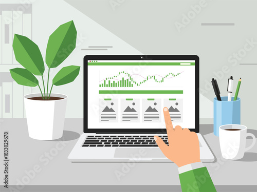 Hand interacting with green finance chart on laptop screen