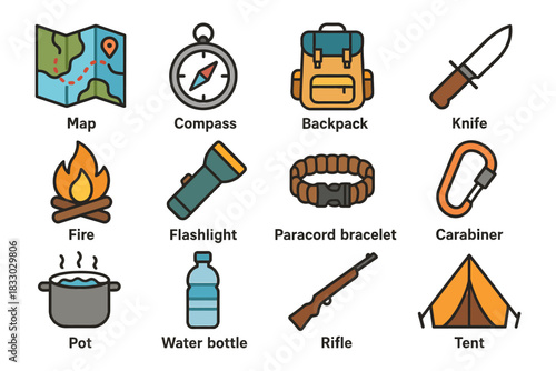 Essential camping gear icons: map, compass, backpack, flashlight, tent, and more.