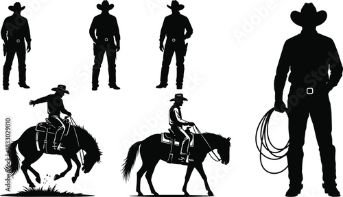 Set of cowboy silhouettes vector illustration, men standing with lasso and riding horses, western rodeo theme icons, black figures isolated on white.