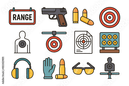 Shooting range equipment icons including targets headphones and ammunition.