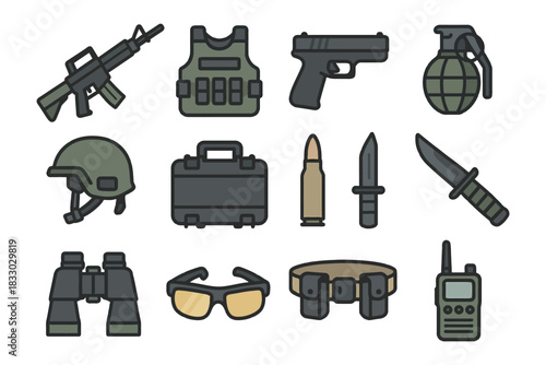 Military equipment icons: weapons, gear, and accessories collection.