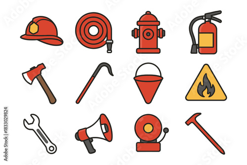 Firefighting equipment icons set: tools, safety gear, and symbols.