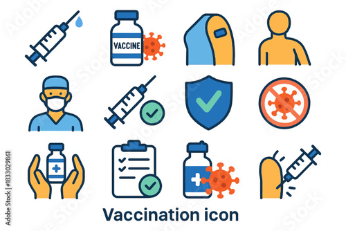 Vaccination icons: syringe, vaccine, nurse, virus, immunization.