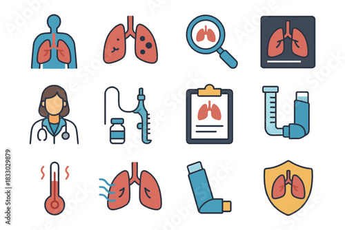 Medical icons featuring lungs, respiratory equipment, and female doctor illustration.