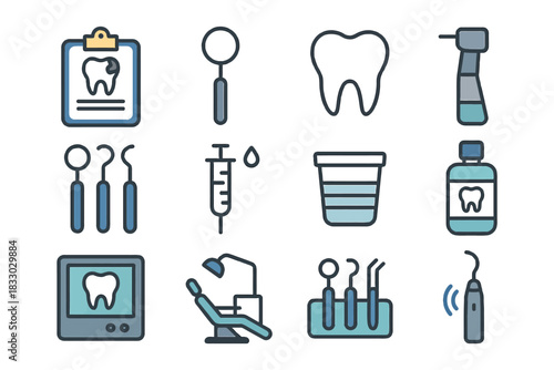 Dental equipment icons set featuring tools and supplies for oral care.
