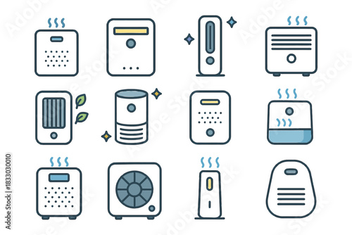 Collection of air purifier and humidifier icons in minimalist style.