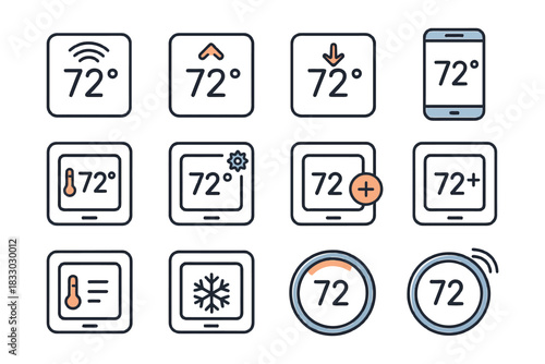 Various thermostat icons displaying temperature settings for home climate control.