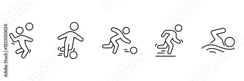 Soccer action, football dribble, sprint runner, swimming athlete icon vector illustration for sports activity use.
