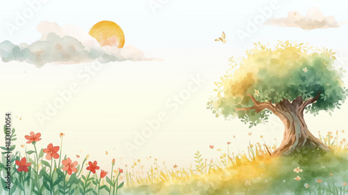 A Tranquil Watercolor Meadow With A Large Tree Vibrant Wildflowers And A Sun Rising Through

