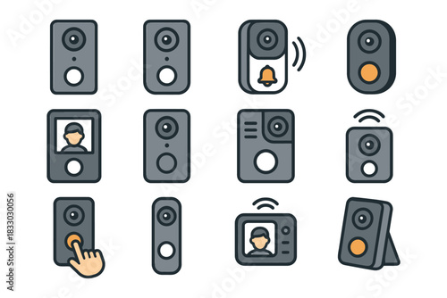 Smart doorbell systems with video and audio alert icons.
