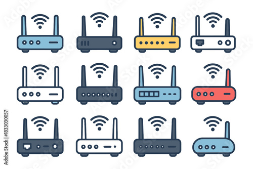 Wireless router collection showing different styles and colors.