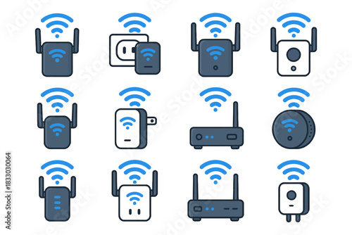 Wi-fi devices icon set featuring routers extenders and smart plugs.