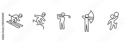 Ski downhill, snowboard jump, golf swing, archery aim, basketball dunk icon vector illustration for sports activity use.