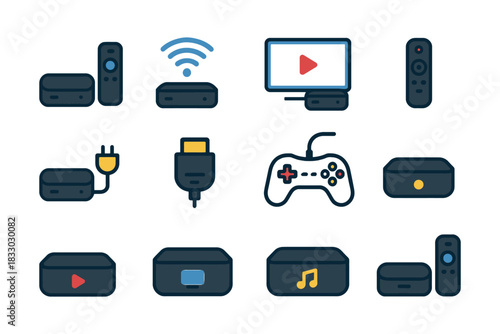 Streaming media icons: remote, console, tv, gaming controller, wifi symbols.