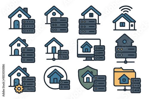 Home network setups: server, wifi, security, and data concepts.