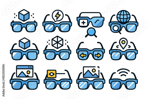 Virtual reality eyewear icons with augmented reality features and applications.