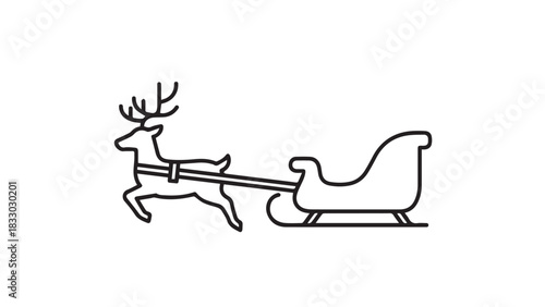 Minimal line drawing of a deer pulling a sleigh with a rider in a festive scene.