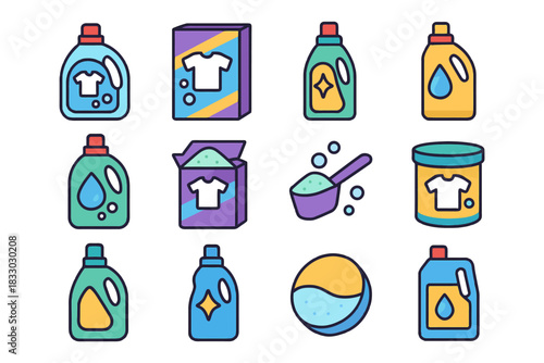 Colorful laundry detergent icons set – liquid, powder, pod illustrations.