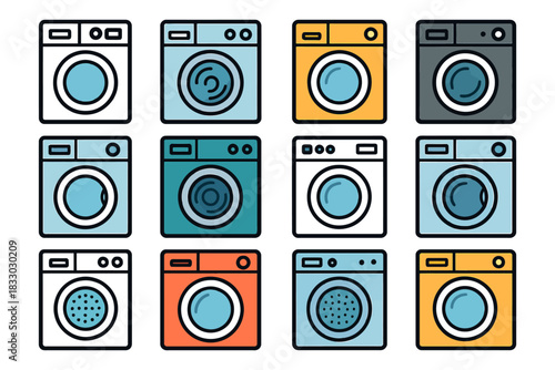 Colorful laundry machine icons: diverse washer and dryer designs.