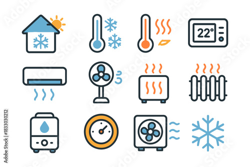 Climate control: hvac and temperature icons for home and office settings.