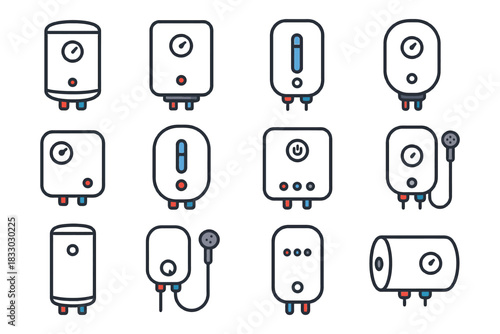 Variety of electric water heater icons in different designs and settings.