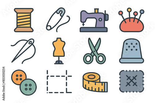 Sewing tools collection with needles, scissors, sewing machine, and tape measure.