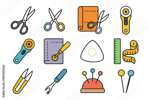 Colorful sewing tools: scissors, rotary cutters, measuring tape, and pin cushion.