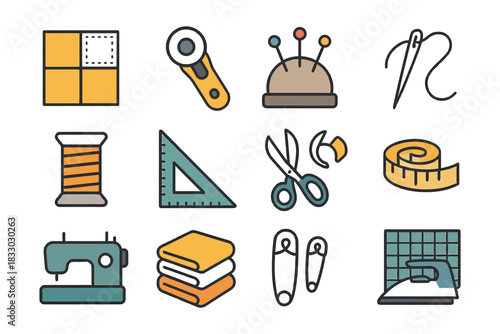 Sewing and quilting tools collection with needles, sewing machine, and pattern accessories.