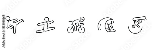 Martial kick, hurdle jump, road cycling, surfing wave, skateboard trick icon vector illustration for sports activity use.