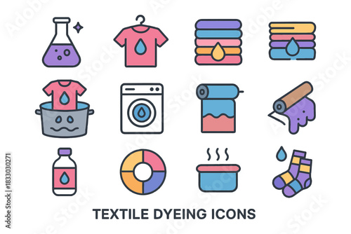 Colorful textile dyeing icons featuring clothing, dye, and washing symbols.