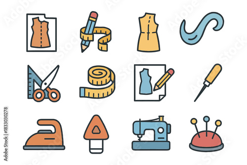 Sewing tools and garment design icons - scissors, sewing machine, pencil, measuring tape.