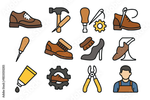 Shoe repair tools and techniques with male cobbler icon.