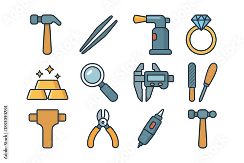 Jewelry making tools collection: hammer, torch, ring, pliers, caliper, gold bars.