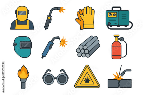 Welding tools and safety equipment icons: torch, mask, gloves, cylinders.