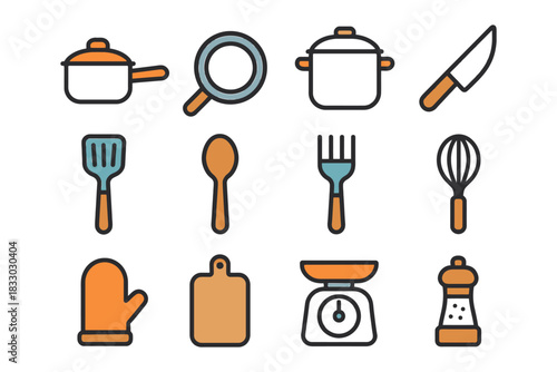 Colorful kitchen utensils set with pots, pans, and cooking tools icons.