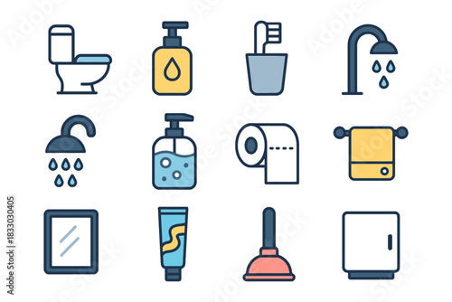 Bathroom essentials collection with soap dispenser, shower heads, and toiletries.