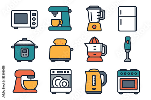 Assorted home kitchen appliances icons.