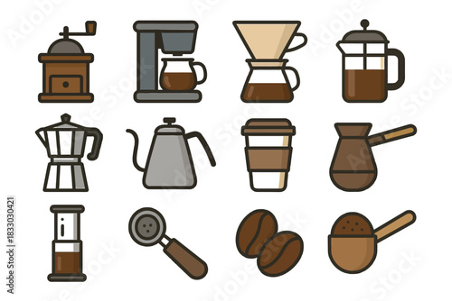 Collection of coffee brewing devices and accessories in flat design.