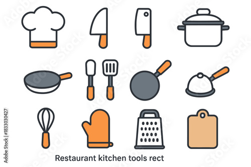 Essential restaurant kitchen tools: chef hat, knives, cookware, utensils and gadgets.